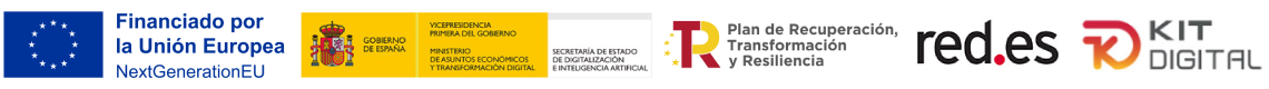 Logotipo Kit Digital, Gobierno España, red.es, Plan de Recuperación, Transformación y Resiliencia y Financiado por la Unión Europea, FONDOS NEXT GENERATION (EU)